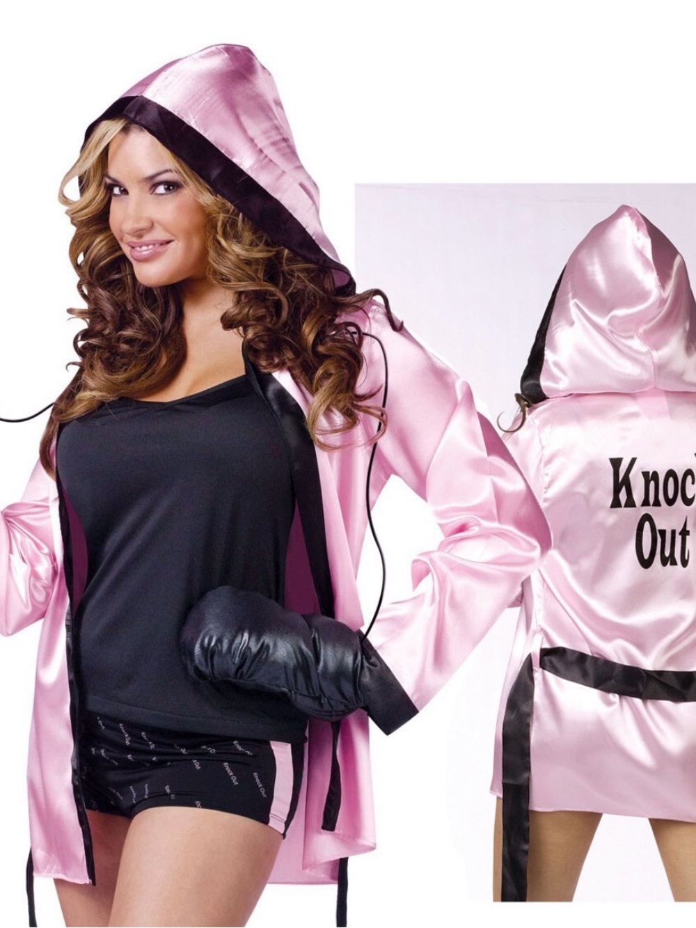 Pink Satin Hoodie Robe with 'Knock Out' Back Print